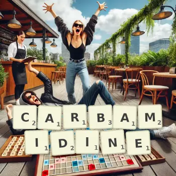 Creative illustration for a Scrabble game with the word CARBAMIDINE spelled out in tiles on the board.