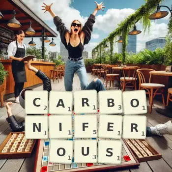 Creative illustration for a Scrabble game with the word CARBONIFEROUS spelled out in tiles on the board.