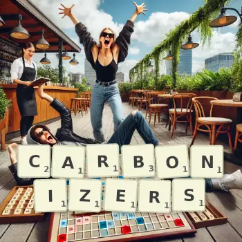 Creative illustration for a Scrabble game with the word CARBONIZERS spelled out in tiles on the board.