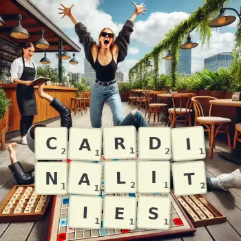 Creative illustration for a Scrabble game with the word CARDINALITIES spelled out in tiles on the board.