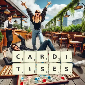 Creative illustration for a Scrabble game with the word CARDITISES spelled out in tiles on the board.