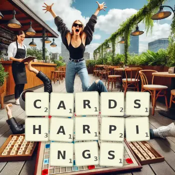 Creative illustration for a Scrabble game with the word CARDSHARPINGS spelled out in tiles on the board.