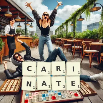 Creative illustration for a Scrabble game with the word CARINATE spelled out in tiles on the board.