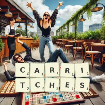 Creative illustration for a Scrabble game with the word CARRITCHES spelled out in tiles on the board.