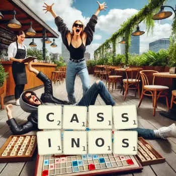 Creative illustration for a Scrabble game with the word CASSINOS spelled out in tiles on the board.