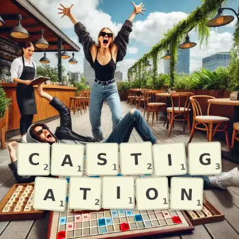 Creative illustration for a Scrabble game with the word CASTIGATION spelled out in tiles on the board.