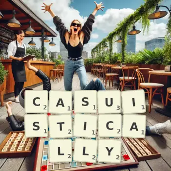Creative illustration for a Scrabble game with the word CASUISTICALLY spelled out in tiles on the board.