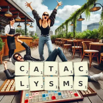 Creative illustration for a Scrabble game with the word CATACLYSMS spelled out in tiles on the board.