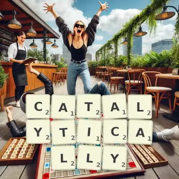 Creative illustration for a Scrabble game with the word CATALYTICALLY spelled out in tiles on the board.