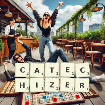 Creative illustration for a Scrabble game with the word CATECHIZER spelled out in tiles on the board.