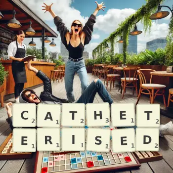 Creative illustration for a Scrabble game with the word CATHETERISED spelled out in tiles on the board.