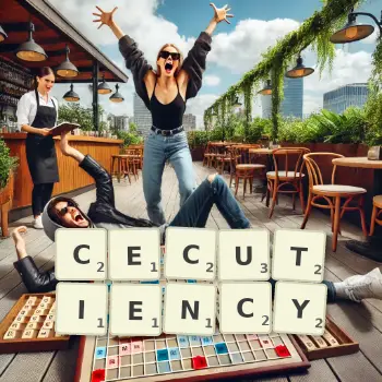 Creative illustration for a Scrabble game with the word CECUTIENCY spelled out in tiles on the board.