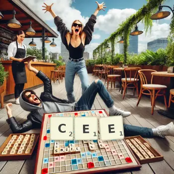 Creative illustration for a Scrabble game with the word CEE spelled out in tiles on the board.