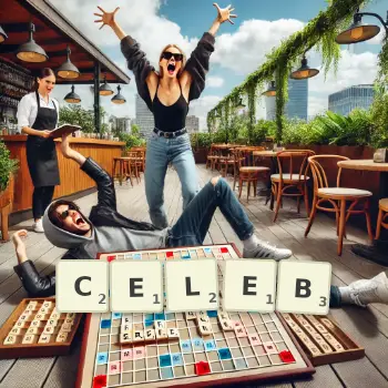 Creative illustration for a Scrabble game with the word CELEB spelled out in tiles on the board.