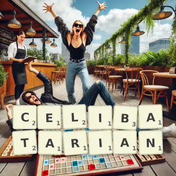 Creative illustration for a Scrabble game with the word CELIBATARIAN spelled out in tiles on the board.
