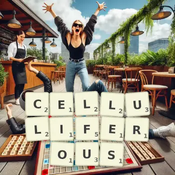 Creative illustration for a Scrabble game with the word CELLULIFEROUS spelled out in tiles on the board.