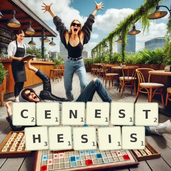 Creative illustration for a Scrabble game with the word CENESTHESIS spelled out in tiles on the board.