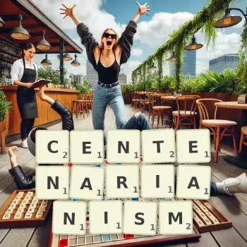 Creative illustration for a Scrabble game with the word CENTENARIANISM spelled out in tiles on the board.