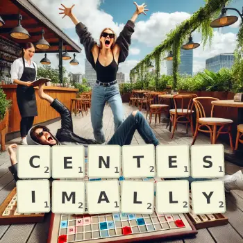 Creative illustration for a Scrabble game with the word CENTESIMALLY spelled out in tiles on the board.