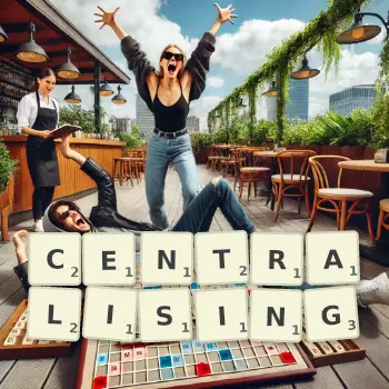 Creative illustration for a Scrabble game with the word CENTRALISING spelled out in tiles on the board.