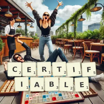 Creative illustration for a Scrabble game with the word CERTIFIABLE spelled out in tiles on the board.