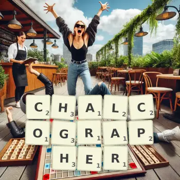 Creative illustration for a Scrabble game with the word CHALCOGRAPHER spelled out in tiles on the board.