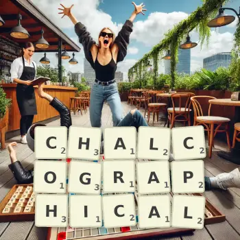 Creative illustration for a Scrabble game with the word CHALCOGRAPHICAL spelled out in tiles on the board.