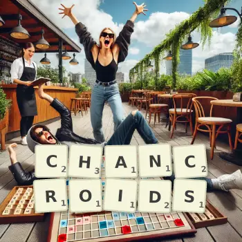 Creative illustration for a Scrabble game with the word CHANCROIDS spelled out in tiles on the board.