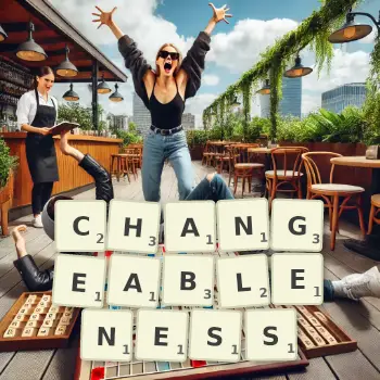 Creative illustration for a Scrabble game with the word CHANGEABLENESS spelled out in tiles on the board.