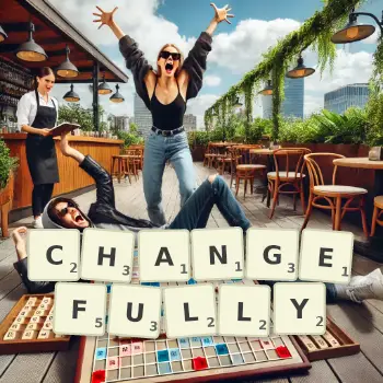 Creative illustration for a Scrabble game with the word CHANGEFULLY spelled out in tiles on the board.