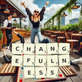Creative illustration for a Scrabble game with the word CHANGEFULNESS spelled out in tiles on the board.