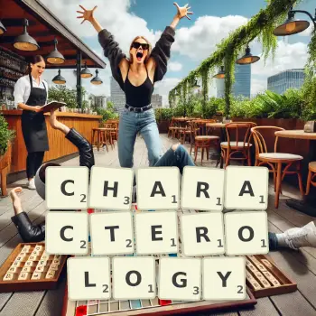Creative illustration for a Scrabble game with the word CHARACTEROLOGY spelled out in tiles on the board.