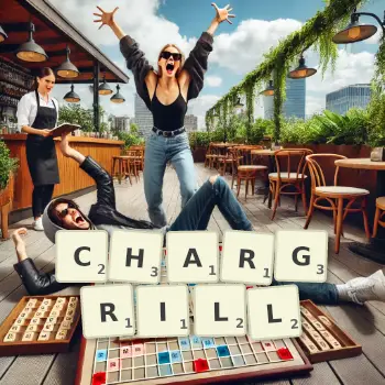 Creative illustration for a Scrabble game with the word CHARGRILL spelled out in tiles on the board.