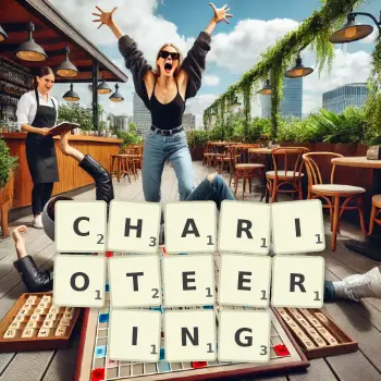 Creative illustration for a Scrabble game with the word CHARIOTEERING spelled out in tiles on the board.