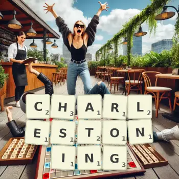 Creative illustration for a Scrabble game with the word CHARLESTONING spelled out in tiles on the board.