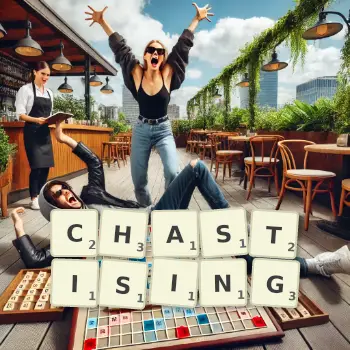 Creative illustration for a Scrabble game with the word CHASTISING spelled out in tiles on the board.