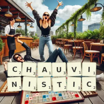Creative illustration for a Scrabble game with the word CHAUVINISTIC spelled out in tiles on the board.