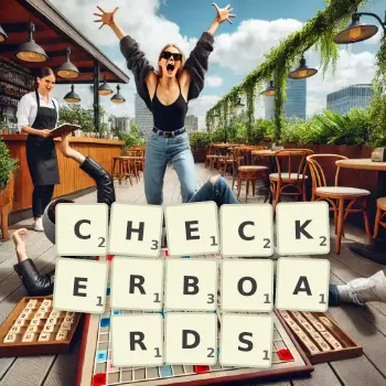 Creative illustration for a Scrabble game with the word CHECKERBOARDS spelled out in tiles on the board.