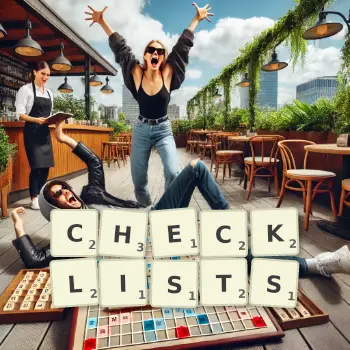 Creative illustration for a Scrabble game with the word CHECKLISTS spelled out in tiles on the board.