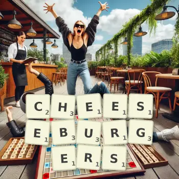 Creative illustration for a Scrabble game with the word CHEESEBURGERS spelled out in tiles on the board.