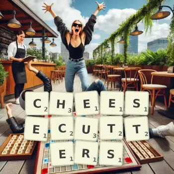 Creative illustration for a Scrabble game with the word CHEESECUTTERS spelled out in tiles on the board.