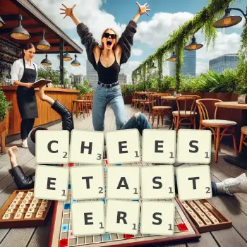 Creative illustration for a Scrabble game with the word CHEESETASTERS spelled out in tiles on the board.