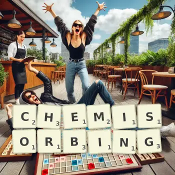 Creative illustration for a Scrabble game with the word CHEMISORBING spelled out in tiles on the board.