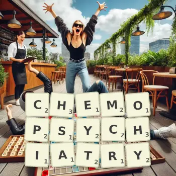 Creative illustration for a Scrabble game with the word CHEMOPSYCHIATRY spelled out in tiles on the board.
