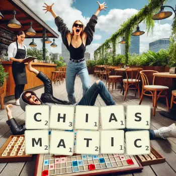 Creative illustration for a Scrabble game with the word CHIASMATIC spelled out in tiles on the board.