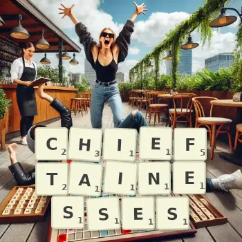 Creative illustration for a Scrabble game with the word CHIEFTAINESSES spelled out in tiles on the board.