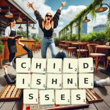 Creative illustration for a Scrabble game with the word CHILDISHNESSES spelled out in tiles on the board.