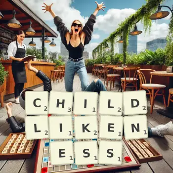 Creative illustration for a Scrabble game with the word CHILDLIKENESS spelled out in tiles on the board.