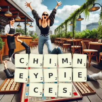 Creative illustration for a Scrabble game with the word CHIMNEYPIECES spelled out in tiles on the board.