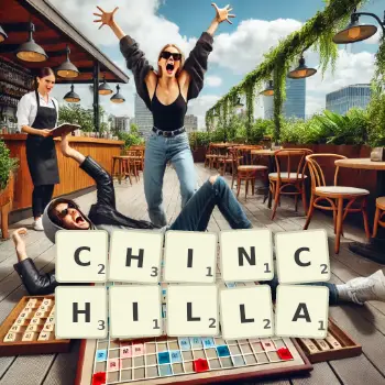 Creative illustration for a Scrabble game with the word CHINCHILLA spelled out in tiles on the board.